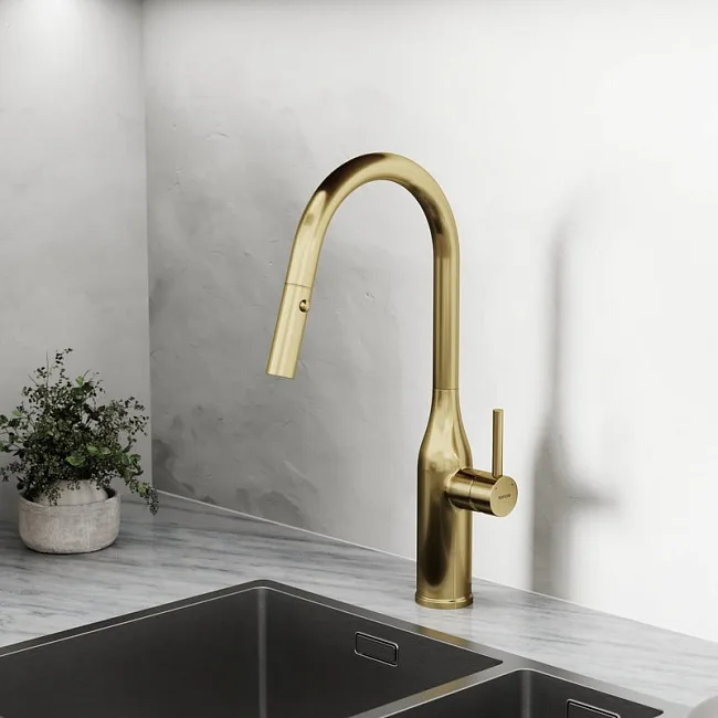 Смеситель для кухни Sancos Grand SC4002BG с вытяжным изливом, брашированное золото Sancos — Оригинал