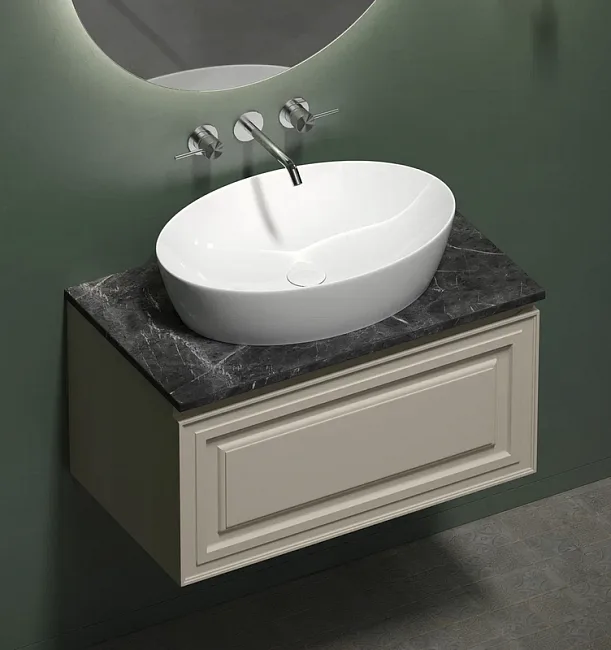 Тумба с раковиной Sancos Very 80 см, beige soft, столешница черный мрамор, раковина CN5018 Sancos — Оригинал