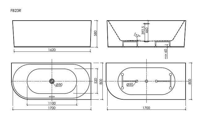 Акриловая ванна Sancos Edge 170x80 см, правая, FB23R Sancos — Оригинал