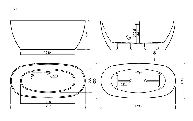 Акриловая ванна Sancos Oval FB21 170x80 см, отдельностоящая, белая, с каркасом, со сливом-переливом Sancos — Оригинал