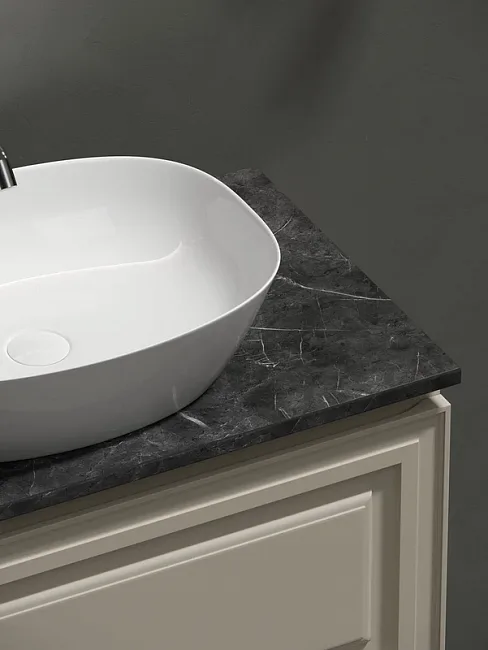 Тумба с раковиной Sancos Very 80 см, beige soft, столешница черный мрамор, раковина CN5005 Sancos — Оригинал