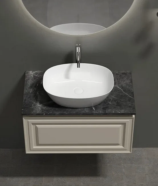 Тумба с раковиной Sancos Very 80 см, beige soft, столешница черный мрамор, раковина CN5005 Sancos — Оригинал