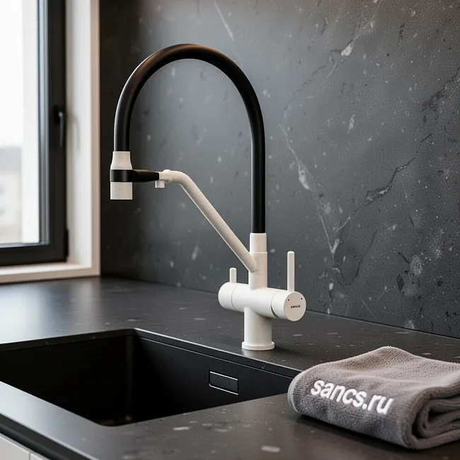 Смеситель для кухни Sancos Dora SC4003GR с гибким изливом, белый гранит Sancos — Оригинал