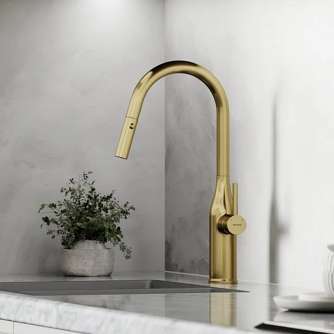 Смеситель для кухни Sancos Grand SC4002BG с вытяжным изливом, брашированное золото Sancos — Оригинал