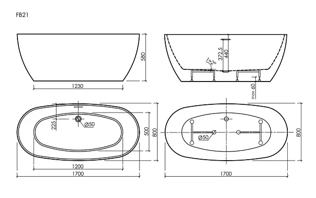 Акриловая ванна Sancos Oval 170x80 см, FB21 Sancos — Оригинал