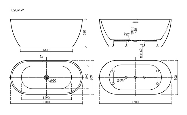 Акриловая ванна Sancos Leaf FB20MW 170x80 см, отдельностоящая, белая, с каркасом Sancos — Оригинал