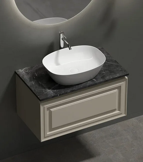 Тумба с раковиной Sancos Very 80 см, beige soft, столешница черный мрамор, раковина CN5005 Sancos — Оригинал