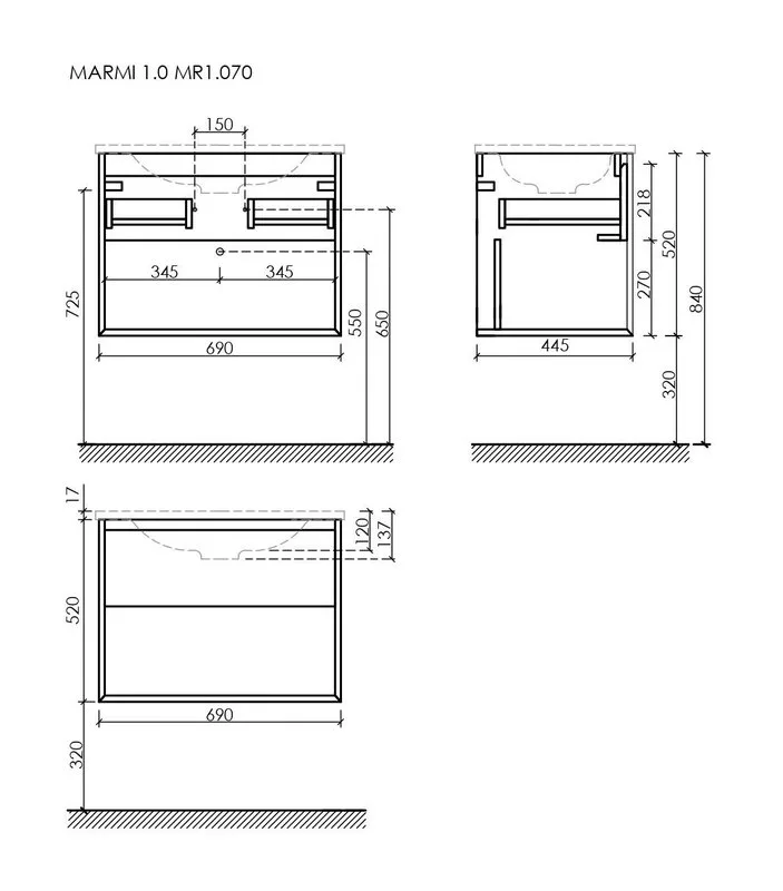 Тумба под раковину Sancos Marmi 1.0 70 подвесная дуб чарльстон, MR1.070ECH Sancos — официальный сайт