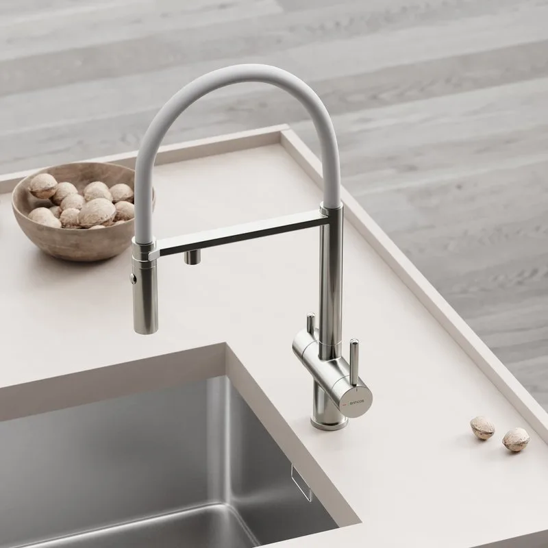 Смеситель для кухни гибкий с фильтром для питьевой воды SC4010BNwh, брашированный никель, матовый белый Sancos — официальный сайт