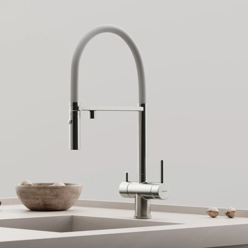 Смеситель для кухни гибкий с фильтром для питьевой воды SC4010BNwh, брашированный никель, матовый белый Sancos — официальный сайт