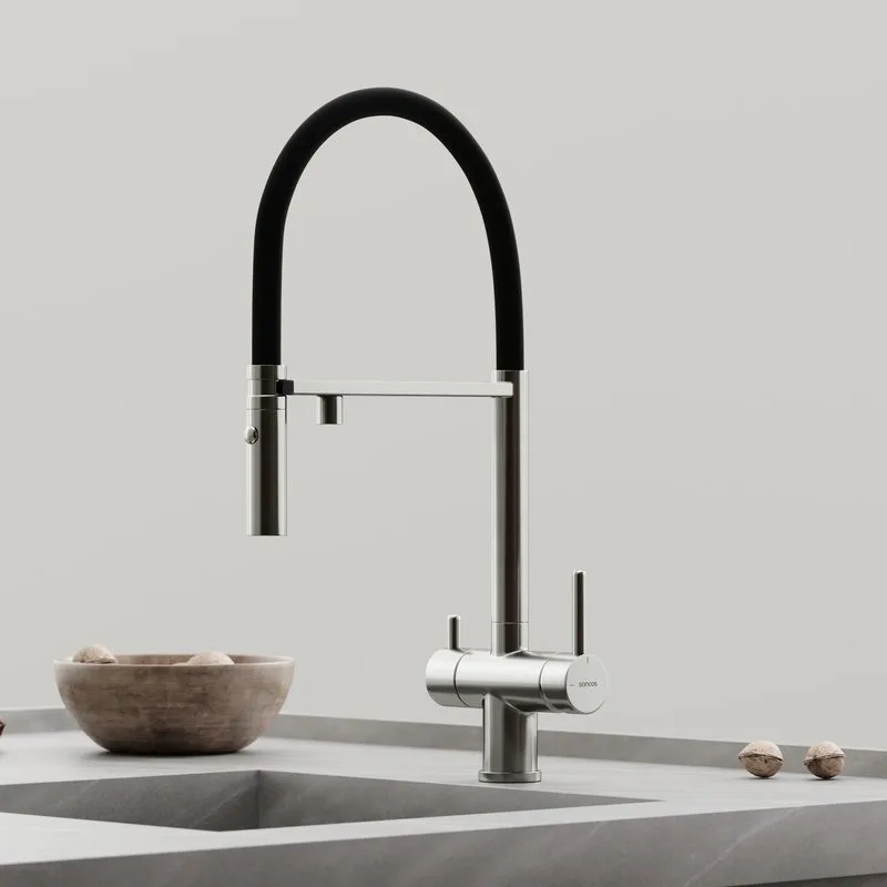 Смеситель для кухни гибкий с фильтром для питьевой воды SC4010BNbh, брашированный никель, черный Sancos — официальный сайт